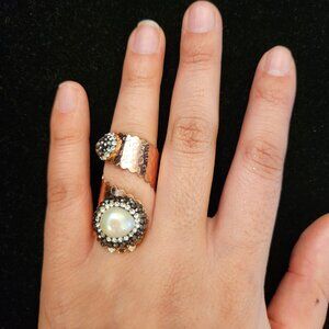 Wrap around ring with faux pearl with crystal clear crystal and marcasite